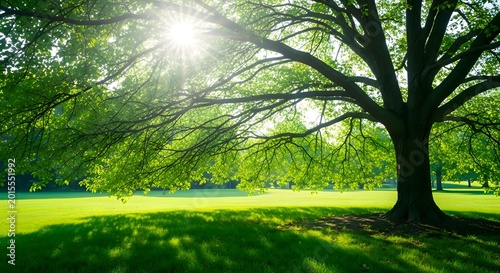 Lush green canopy of a mature tree bathed in radiant sunlight, casting dappled shadows across a vibrant lawn, symbolizing ecological balance and natural serenity.