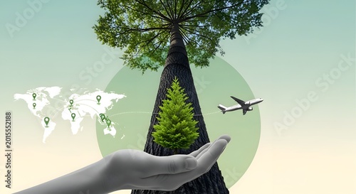 Global reforestation initiative depicted with a hand cradling a young tree, alongside a world map and airplane symbolizing the interconnectedness of environmental conservation efforts worldwide.