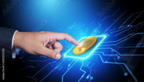 A digital touch to the crypto, a visual that evokes the spirit of modern tech and virtual currency. An individual hand hovers over a digital coin.