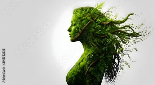 The harmonious fusion of human form and flourishing foliage embodies nature's resilience, a delicate balance between organic life and the ethereal beauty of botanical ecosystems.