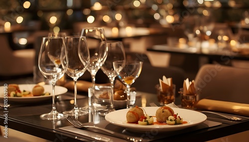 Luxurious restaurant setup featuring delicate stemware and artfully plated appetizers on a sleek tabletop, illuminated by soft golden lighting, creating an upscale, romantic mood ideal for fine dining