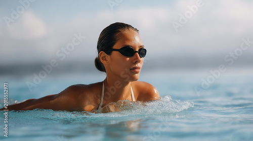 Faceless woman doing front crawl swimming in a pool on vacation, active aquatic lifestyle concept, with copy space
