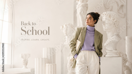 Stylish Young Woman in Art Studio for Back to School Campaign, Wearing Blazer and Turtleneck near Classical Statues, Inspire Learn Create Academic Concept
