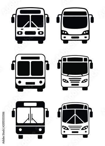Collection of various bus front view silhouettes and icons,