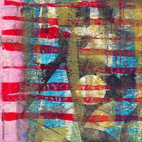 Fotografie Multi-layered composition with red horizontal stripes over blue and pink textures