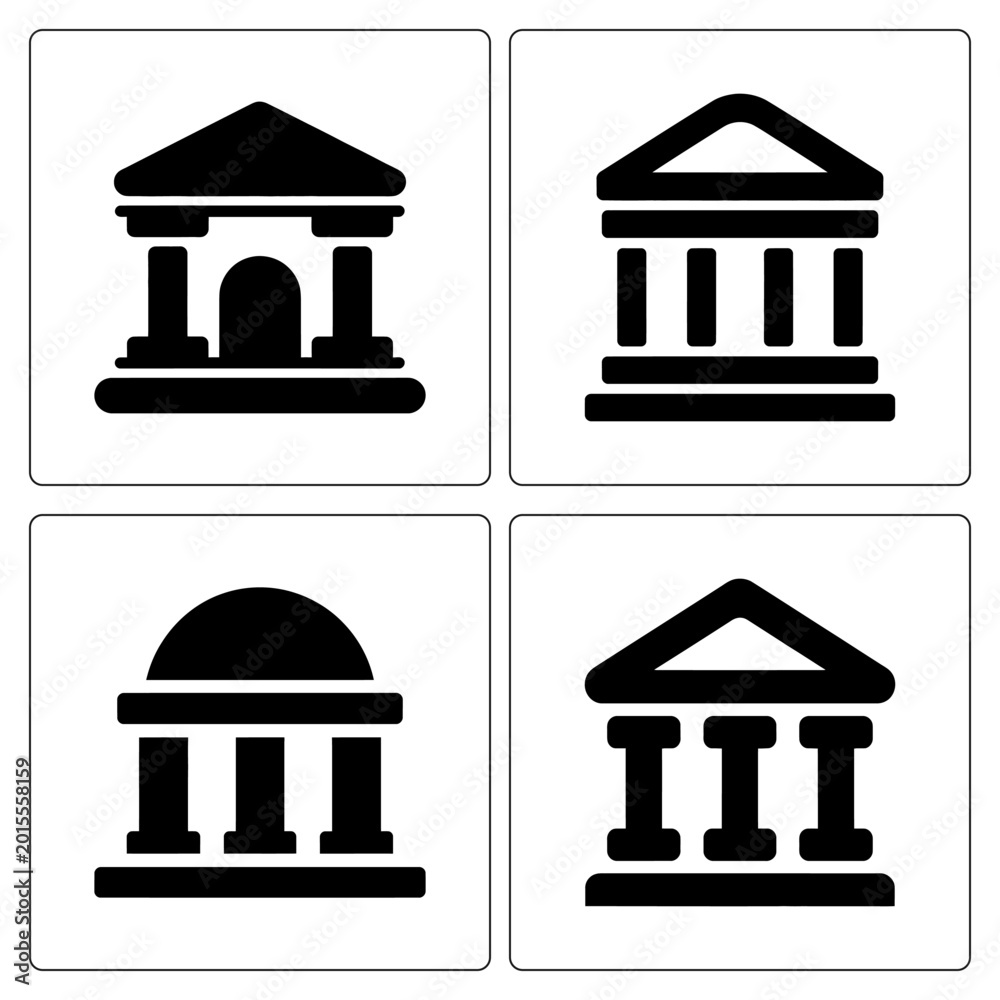 Fototapeta premium Set of four bank building vector icons with rounded style for finance graphics