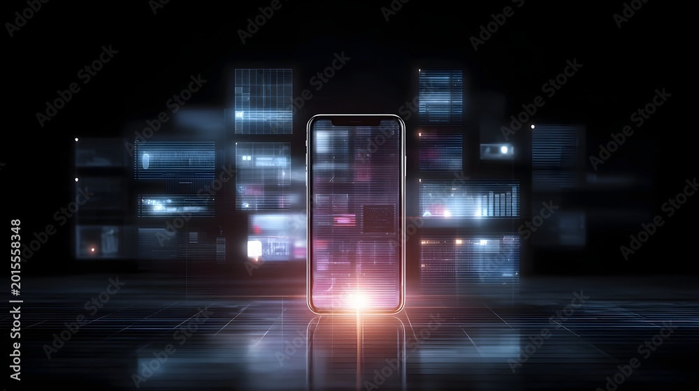 Obraz premium A glowing smartphone centered amidst abstract streams of digital data and technical visualizations on a dark surface