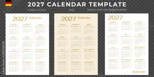 German 2027 Yearly Calendar Template Set, Jaheskalender, Monday Start, Elegant Beige Vertical A4 Planner Layout