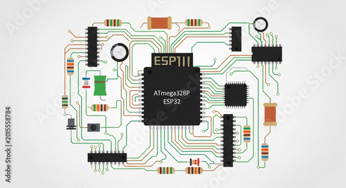 Bild auf Leinwand Electronic circuit board with central microchip and components.