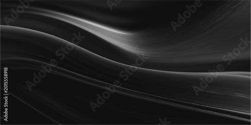 Smooth flowing black silk and satin fabric background featuring luxury dark purple and blue light waves with soft motion curves for an elegant textile wallpaper design