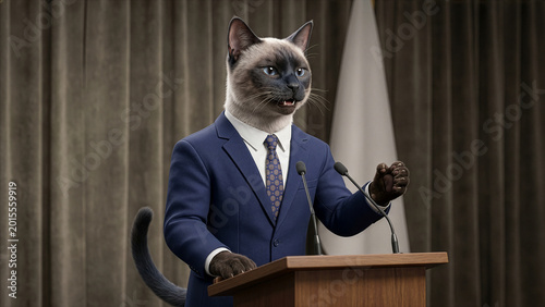 Siamese Cat Dressed in Navy Blue Suit Giving Speech at Podium With Microphones — Funny Anthropomorphic Political Leader Pet Digital Art