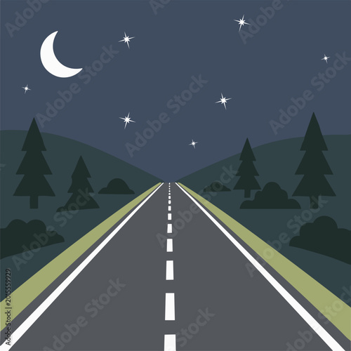 Empty night highway with markings under a dark sky with stars and moon. Peaceful nighttime landscape for late travel and road trip concepts.