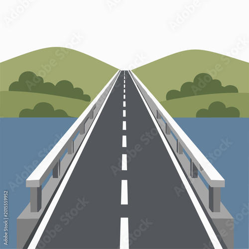 Modern asphalt road bridge crossing a blue river. Infrastructure illustration representing connection, overcoming obstacles, and reliable transportation.