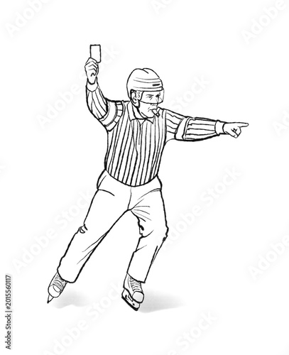 Canvas Print Raster black and white line illustration of an ice hockey referee showing penalty card and pointing during match, dynamic action pose on skates, top view, monochrome sports sketch style