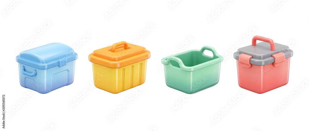 Fototapeta premium This image features a set of vibrant trash bins designed in a clean, minimalistic 3D style, emphasizing color and form in waste management.