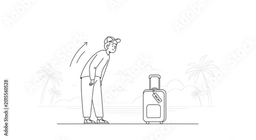 Tableau sur toile Stylized person in a hat bending down near cubes with stooping abstract minimali