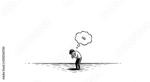 Confused man with thought bubble containing a question mark speech bubble black and white confusion question thinking uncertainty wondering solitude pondering headache illustration