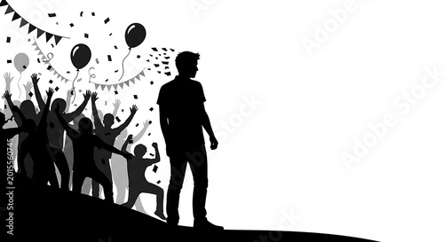 Foto Silhouette of a person standing apart from a crowd celebrating at a party with s