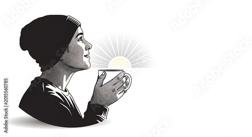 Person wearing beanie and scarf holding a warm drink looking towards sunrise optimism contemplation peaceful outdoors illustration monochrome lifestyle refreshment beverage enjoyment
