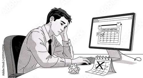 Foto Man looking stressed at computer screen with crumpled paper and 'x' mark stresse