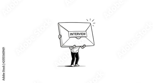 Man holding a large envelope labeled interview with hand drawn white background interview envelope opportunity recruitment communication business document paperwork illustration isolated