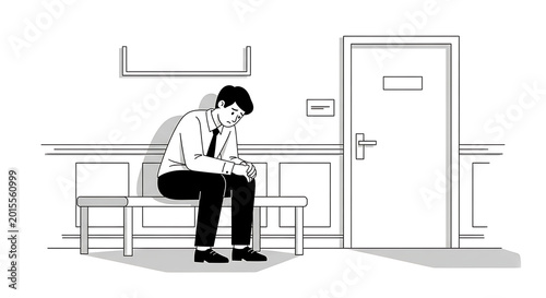 Tableau sur toile Man sitting in waiting room before interview with hand drawn formal wear intervi