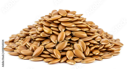 Flax seeds pile macro detail, isolated pure white background