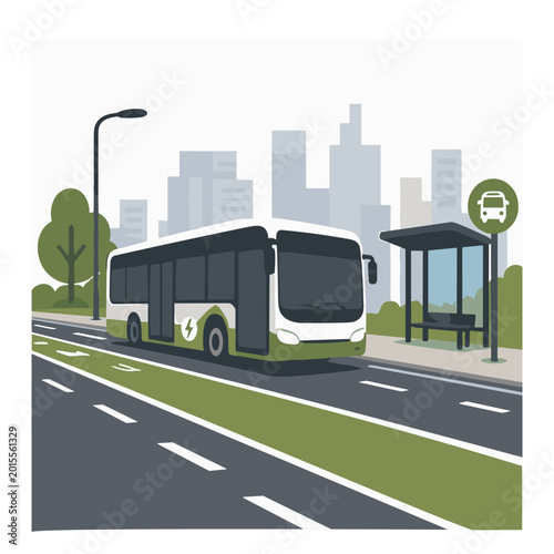 Modern public bus stopped at a city station for passengers. Urban transit system illustration for sustainable commuting and public transportation themes.