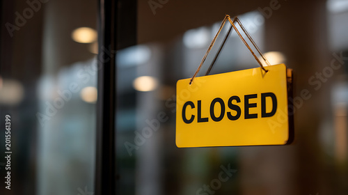 Bright Yellow Closed Sign Hang on Glass Door of Retail Business, Office, or Restaurant, Indicating Temporary Closure or End of Operating Hours