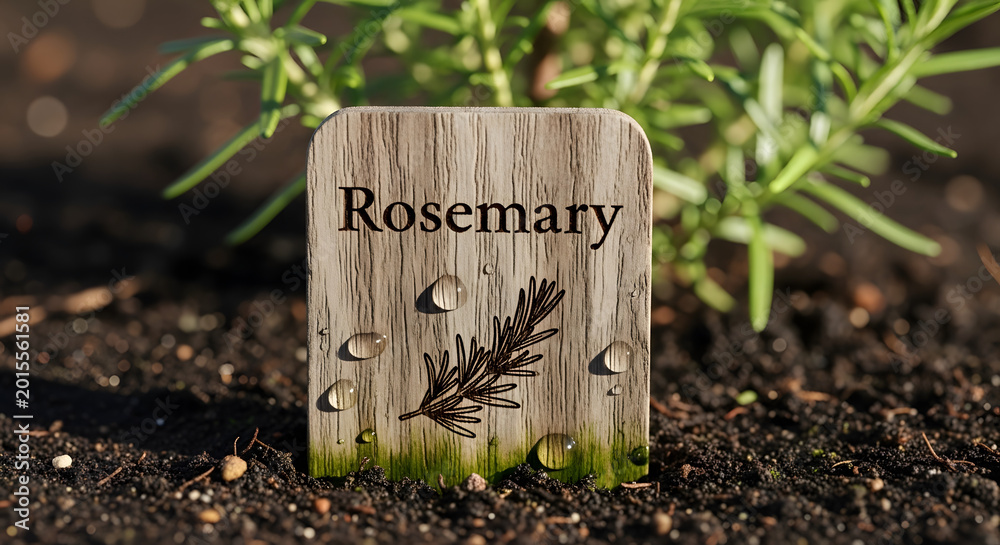 Fototapeta premium Wooden sign labeled rosemary placed in soil beside fresh rosemary plant. Concept of gardening, organic cooking, or herb cultivation. Useful for articles on gardening or culinary herbs.