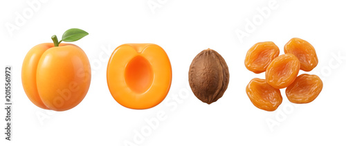 This engaging image presents a fresh arrangement of apricots and nuts in a clean, minimal 3D style, promoting healthy eating and vibrant colors.