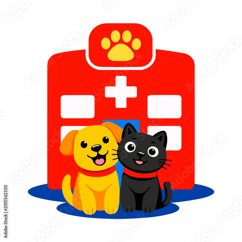 Dog and cat standing in front of a veterinary clinic building. Animal hospital, medical care and pet health services concept.