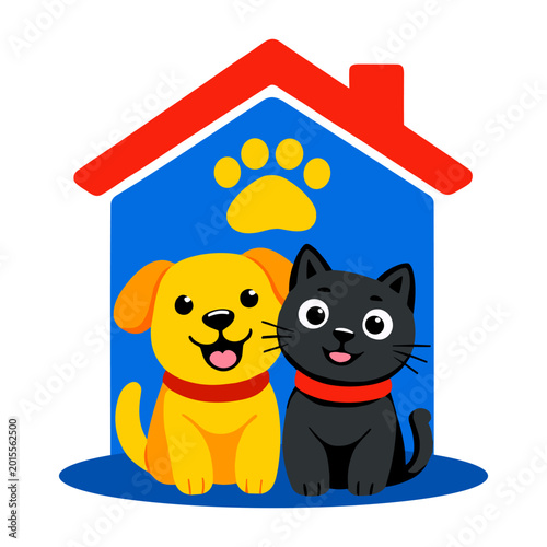 Dog and cat inside a pet house with a paw print symbol. Concept of pet home, shelter and domestic animal protection.