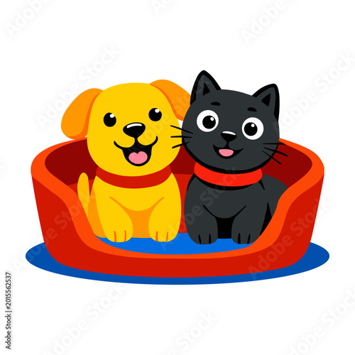 Dog and cat sitting together in a cozy pet bed. Cute domestic animals friendship and pet care concept.