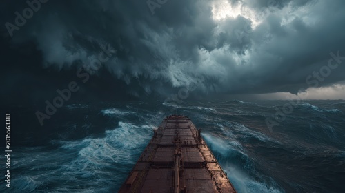 Massive ship facing powerful waves, storm clouds rolling above, realistic lighting, cinematic 8K photo 