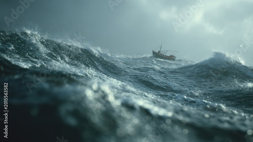 Stormy sea with large ship struggling against waves, dramatic perspective, realistic water physics, 8K