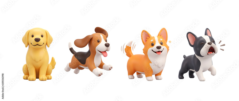 Naklejka premium A cheerful and colorful collection of adorable 3D dog characters showcasing their playful energy and charm, perfect for pet lovers and joyful imagery.