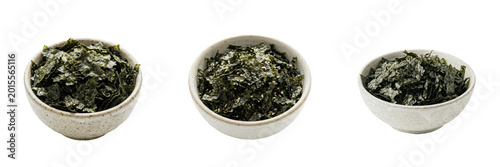Fotografie Dried Seaweed Flakes in Small Bowls Set Isolated on White Background, Crumbled N