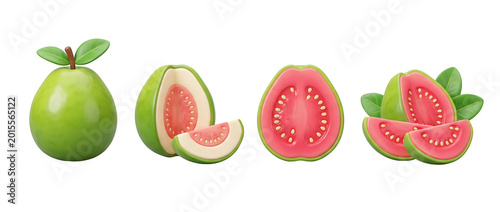This image highlights a whole and cut guava in a minimal 3D style, showcasing its vibrant pink interior and clean design, emphasizing freshness and natural beauty.