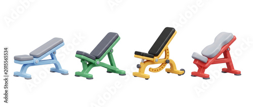 Showcasing a sleek and modern collection of fitness benches, this 3D minimalistic image emphasizes health, exercise, and motivation in simple yet effective design.