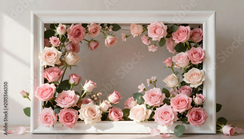 white rectangular frame filled with lush pink roses and delicate blossoms, creating a romantic floral arrangement, created with generative ai