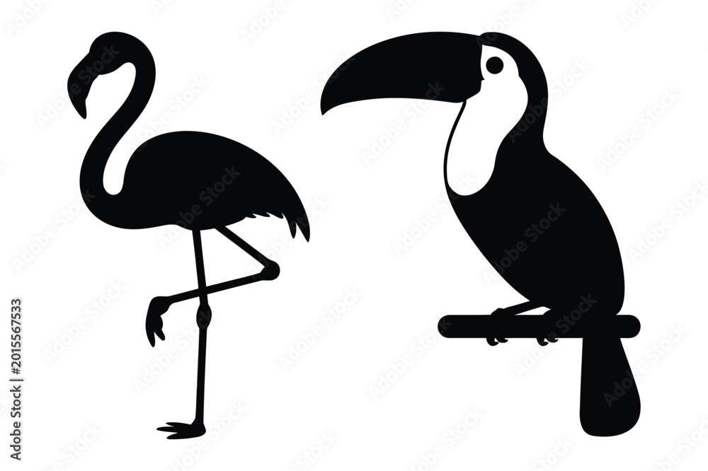 Fototapeta premium Elegant flamingo and exotic toucan bird silhouettes vector illustration