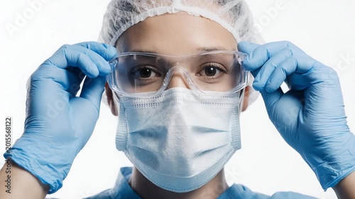 Medical Professional Adjusting Safety Goggles and Face Mask
