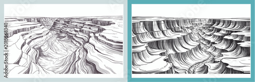 Vintage Engraving Style Grand Canyon Panorama with Jagged Cliffs and Deep Valleys