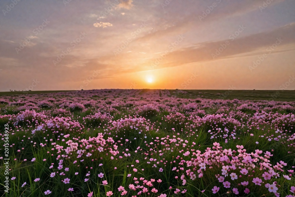 Obraz premium Field of cosmos flowers in full bloom during golden hour, sunset on the horizon