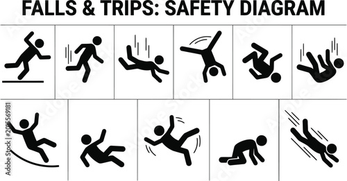 Foto accident icons stick figure, people falling, tripping over, transparent background