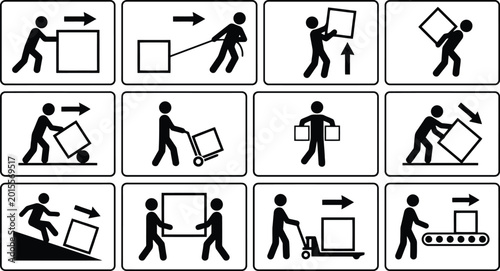 Foto Set of black and white icons depicting various manual handling and cargo transpo