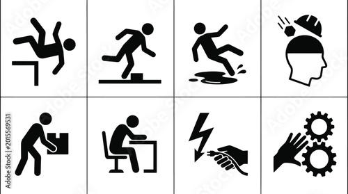 Cuadro en lienzo Set of black workplace safety icons showing common occupational hazards and warn