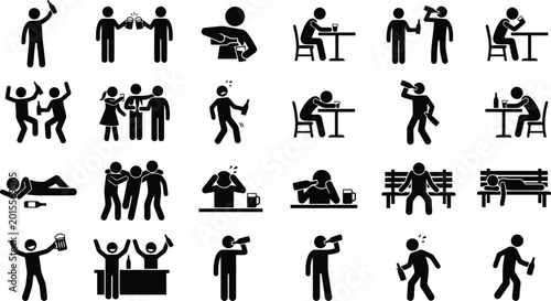 Bilde på lerret Black silhouette icons depicting various stages of alcohol consumption and human