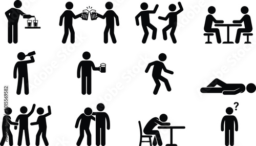 Foto Set of black stick figure icons depicting various social drinking behaviors and